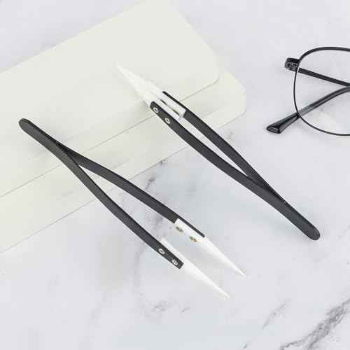2pcs Ceramic Tweezers Stainless Steel Ceramic Precision Tweezers for Electronics, Non-Conductive Anti Static High Temperature Resistant Fine Point Tweezers for Precision Electrical Operation Black