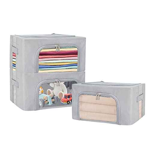 UUBEMM Clothes Storage Bins with Foldable Sturdy Frame,Stackable Storage Box for Closet Shelf Organizers for Seasonal Clothing,Blankets,Towel Bed Sheets,Toys Gift Others (Small -22L x3PACK, Grey)