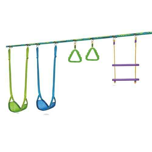 Trelines Swingset Gymnastics Kit 36' - Create an Affordable Swing Set, Slackline & Gymnastics Line - 2 Swings, Double Trapeze bar, 2 Ninja Tree Gym Rings - for Boys and Girls 3+ Holds 500 lbs+