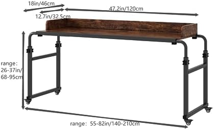 Overbed Table with 360° Wheels, Queen Size Mobile Bed Desk, Recliner Table Over Bed Table Adjustable Height and Length Overbed Table with Heavy Duty Metal Leg for Hospital and Home use