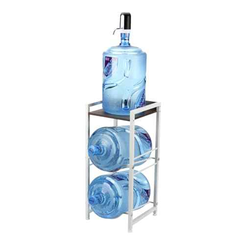 5 Gallon Water Bottle Holder with Walnut Storage Shelve, 3 Tier Water Jug Holder Water Storage Rack, Detachable Water Bottle Dispenser Stand Organizer for Office Kitchen Living Room, White