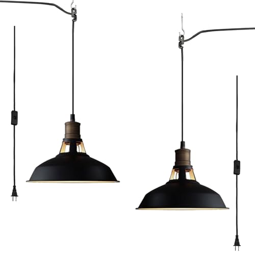 CLAXY Plug in Pendant Lights Adjustable Hanging Pendant Light Fixture with Black Barn Shade On/Off Switch Swag Pendant Lamp Set of 2