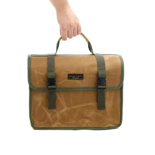 Tool Bag, Heavy Duty 16oz Waxed Canvas Tool Carrier, Multi-Purpose Tote Bag with 1 Large Capacity & 2 Side Pockets, Portable Tool Storage for Wrenches Chisels Scissors Hammer - Khaki