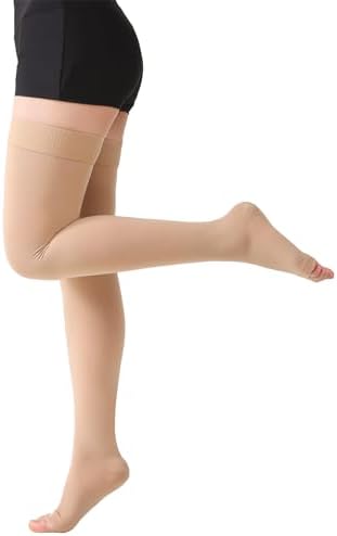 MGANG Medical Thigh High Compression Stockings for Men & Women, Pair, Open Toe, 15-20 mmHg Graduated Compression Support Hose, Opaque, Best for Varicose Veins, Edema, Flight, DVT, Swelling, Beige 3XL