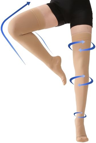 Thigh High Compression Stockings Closed Toe for Men & Women, Opaque, KEKING 15-20mmHg Graduated Compression Leg Support Hose with Silicone Band - Swelling, Varicose Veins, Edema, DVT, Beige Small