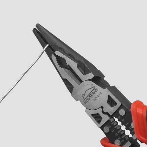 Needle Nose Pliers, HOUSERAN Long Needle Nose Pliers with Wire Stripper and Crimper, 8.3 Inch Long Nose Pliers, Spring Loaded with Safety Lock, 5-in-1 Needle Nose for Bending, Crimping, Stripping