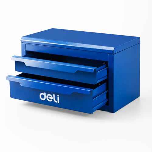 DELI Mini Tool Box with 2 Drawers and Top Storage, Small Metal Tool Box for Garage, Office, Vanity. Perfect for Small Item Storage Organizer, Red