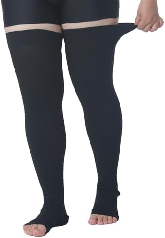 MGANG Medical Thigh High Compression Stockings for Men & Women, Pair, Open Toe, 20-30 mmHg Graduated Compression Support Hose, Opaque, Best for Varicose Veins, Edema, Flight, DVT, Swelling, Black 4XL