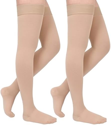 GODORIO 2Pairs 20-30mmHg Thigh High Compression Stockings, Thigh High Compression Socks for Women, Medical Compression Stockings for Varicose Veins, Swelling, Pregnant, Teacher, Doctor