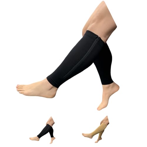 Seniors Care Footless 15-20 mmHg Compression Shin Calf Leg Men Women 1 Pair Zipper Sleeves (Black, 3X-Large)