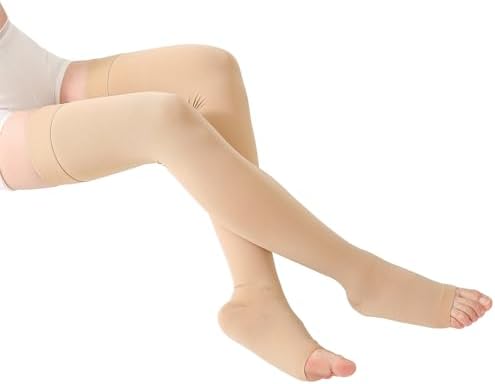 TOFLY® Thigh High Compression Socks for Women & Men (Pair), Open Toe, Opaque, Firm Support 30-40mmHg Graduated Compression Hose, Medical Compression Stockings for Varicose Veins, Edema, DVT,Beige L