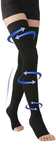 Thigh High Compression Stockings Toeless - Unisex, Opaque, KEKING 15-20mmHg Graduated Compression Leg Support Hose with Anti-Slip Silicone Band - Swelling, Varicose Veins, Edema, Travel, Black X-Large