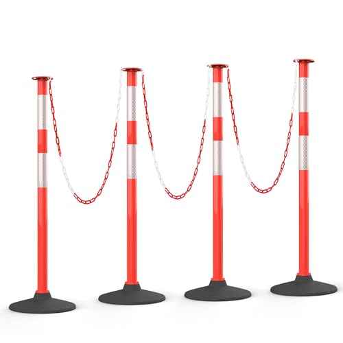 HiGiant 4 Pack 34 Inches Traffic Delineator Posts with Weighted Rubber Base, Portable Orange Safety Posts Cones with Reflective Collars and 15 Ft Plastic Chains for Parking Lot, Construction Work