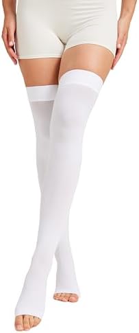 MGANG Medical Thigh High Compression Stockings for Men & Women, Pair, Open Toe, 15-20 mmHg Graduated Compression Support Hose, Opaque, Best for Varicose Veins, Edema, Flight, DVT, Swelling, White S