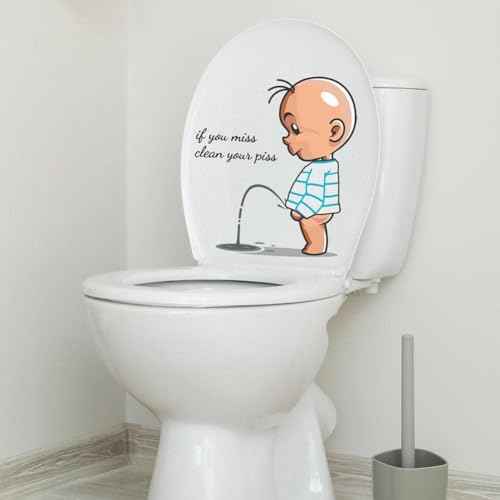 If You Miss,Clean Your Piss Toilet Sticker-Baby Pee Pattern Self-Adhesive Toilet Lid Sticker- Funny Toilet Seat Sticker Bathroom Wall Decal -Art Sign Decor Toilet Lid and Tank Decals 11.4x11.2in
