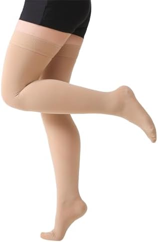 MGANG Medical 15-20 mmHg Compression Stockings for Women & Men, Pair, Thigh High Graduated Compression Socks, Closed Toe, Opaque, Support for Varicose Veins, Edema, DVT, Swelling, Flight, Beige L
