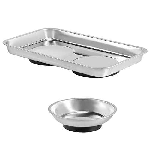 JOIKIT 8 Pieces Magnetic Parts Tray Set, Stainless Steel Magnetic Tool Tray Holder, 4.2 Inches Round Bolt Trays and 9.5 x 5.5 Inches Square Mechanic Trays for Screws, Bolts, Nuts