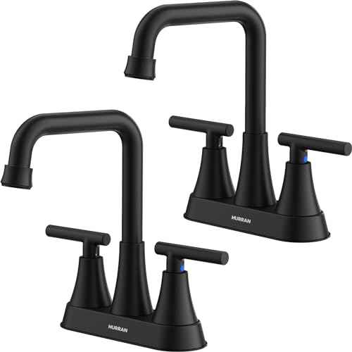 Matte Black Bathroom Sink Faucet, Hurran 4 inch Bathroom Faucets for Sink 3 Hole with Pop-up Drain and Supply Hoses, 360 Swivel Spout Centerset Faucet for Vanity RV Farmhouse, 2 Pack