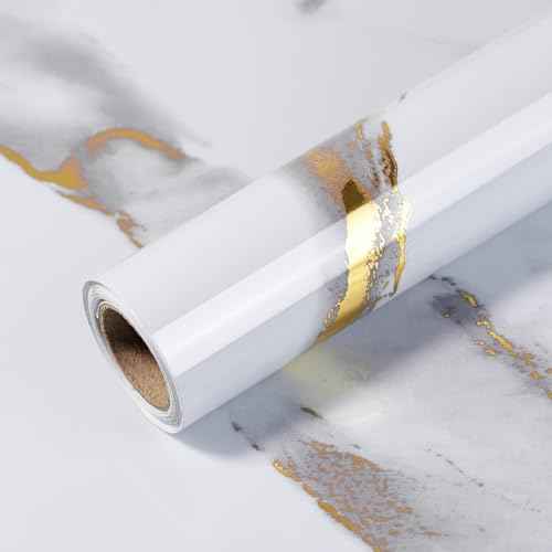Yun-aeon Thick Marble Contact Paper for Countertops 15.7"x 78.7" - White and Gold Glossy Peel and Stick Wallpaper Self-Adhesive Removable Countertops for Kitchen Bathroom Cabinets