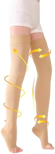 TOFLY® Thigh High Compression Stockings for Women & Men (Pair), Open Toe, Opaque 20-30 mmHg Graduated Compression Hose, Medical Compression Stockings for Varicose Veins, Edema, DVT, Travel,Beige 5XL
