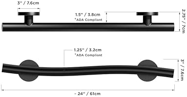 HEALTHCRAFT (2X Pack) Wave Decorative Grab Bars, ADA Compliant Bathroom Safety Bars for Seniors, Wall-Mounted, Supports Up to 500 lbs (Left & Right) (Matte Black, 24 Inch)