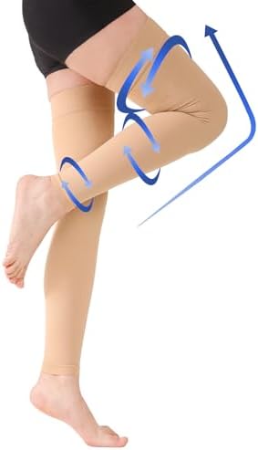 KEKING Thigh High Compression Stockings Footless, Unisex, 15-20mmHg Leg Support Compression Sleeves with Anti-Slip Silicone Band, Opaque, Treatment Swelling, Varicose Veins, Edema, DVT, Beige 5X-Large
