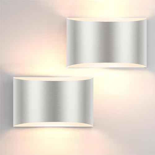 FOLKSMATE Modern LED Wall Sconces, 3000K Warm White Wall Lights Set of 2, 10W Up and Down Mount Light, Sliver Hardwired Indoor Sconces Lighting Lamp for Bedroom Bedside Hallway Living Room