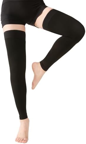 MGANG 15-20 mmHg Compression Stockings for Women & Men, Thigh High Medical Footless Graduated Compression Sleeves with Silicone Dot Band, for Varicose Veins, Edema, Travel, Flight, Pregnant, Black S