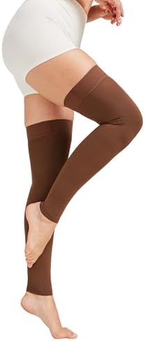 MGANG 15-20 mmHg Compression Stockings for Women & Men, Thigh High Medical Footless Graduated Compression Sleeves with Silicone Dot Band, for Varicose Veins, Edema, Travel, Flight, Pregnant, Brown S