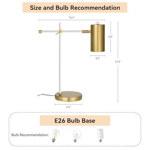 Modern White and Gold Desk Lamp, Minimalist Industrial Table Lamp with Swing Arm, for Study Room Home Office Bedroom Bedside Nightstand