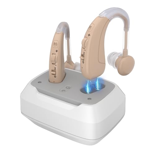 Hearing Aids for Seniors, Rechargeable Hearing Amplifiers for Seniors with Noise Cancelling, Delmicure Hearing Amplifiers for Adults with Adjustable Volume& Charging Base, khaki