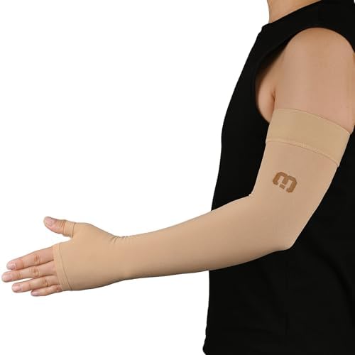 MGANG Lymphedema Compression Arm Sleeve with Gauntlet for Women Men, Opaque, 15-20 mmHg Medical Graduated Compression Full Arm Support, Thumb Lymph Edema Arm Sleeve, Pain Relief, Arthritis, Beige M