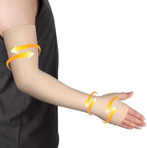 Ailaka Lymphedema Compression Arm Sleeve（Single） with Gauntlet for Men Women, 20-30 mmHg Medical Compression Arm Sleeve