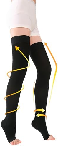 TOFLY® Thigh High Compression Stockings for Women & Men (Pair), Open Toe, Opaque 20-30 mmHg Graduated Compression Hose, Medical Compression Stockings for Varicose Veins, Edema, DVT, Travel,Black XXL