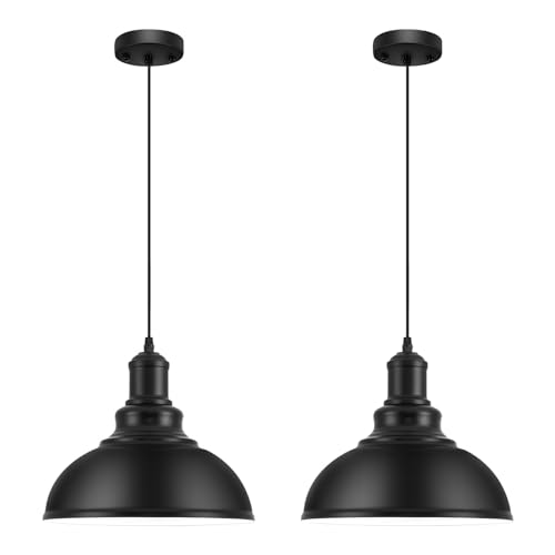 2PCS Matte Black Pendant Lights, Farmhouse Pendant Lamp with Metal Shade (White Inside), Industrial Pendant Lighting for Kitchen Island, Dining Room, Bedroom, Hallway