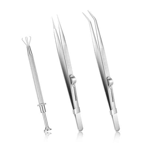 Bewudy 3Pcs Piercing Ball Grabber Tool Set, Diamond Tweezers Jewelers Holder Pick up Tool, Precision Stainless Steel Jewelry Locking Tweezers For Tiny Objects IC Chip Electronic Components