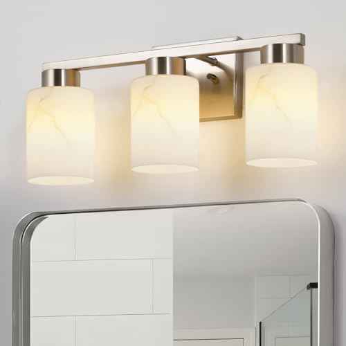 3-Light Bathroom Light Fixtures, Modern Vanity Lights, Brushed Nickel Metal Wall Lamp with White Marble Glass for Bathroom, Mirror, Living Room, Bedroom, Cabinet, Porch, Hallway, E26 Base