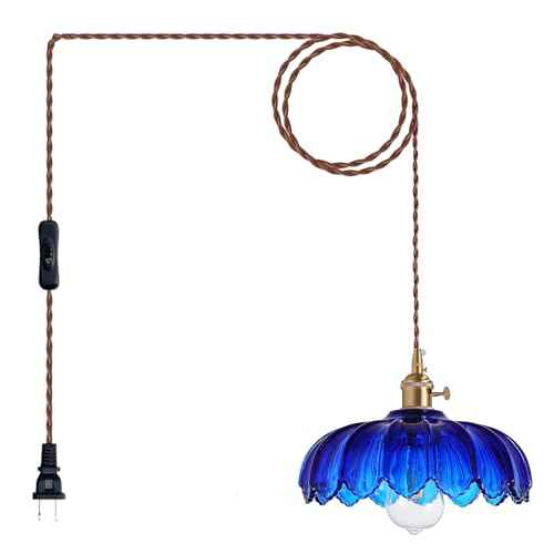 Plug in Pendant Light: Hanging Light Plug in Fixture Bule Glass Hanging Lamp, Pendant Lighting for Kitchen Island, Bedroom, Dining Room, Living Room, E26 No Bulb