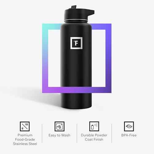 IRON ¡ÆFLASK Camping & Hiking Hydration Flask with 3 Lids - Stainless Steel, Double Walled & Vacuum Insulated Water Bottle - Leak Proof & BPA Free (Midnight Black, Straw - 40 oz)
