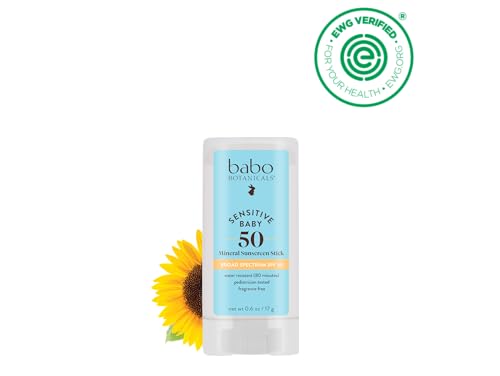 Babo Botanicals Sensitive Baby Mineral Sunscreen Stick SPF 50 - 70% Organic Ingredients - Zinc Oxide - NSF & MADE SAFE and EWG Certified - Water Resistant - Fragrance-Free - Babies & Kids