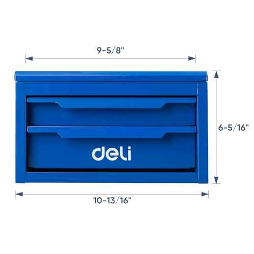 DELI Mini Tool Box with 2 Drawers and Top Storage, Small Metal Tool Box for Garage, Office, Vanity. Perfect for Small Item Storage Organizer, Red