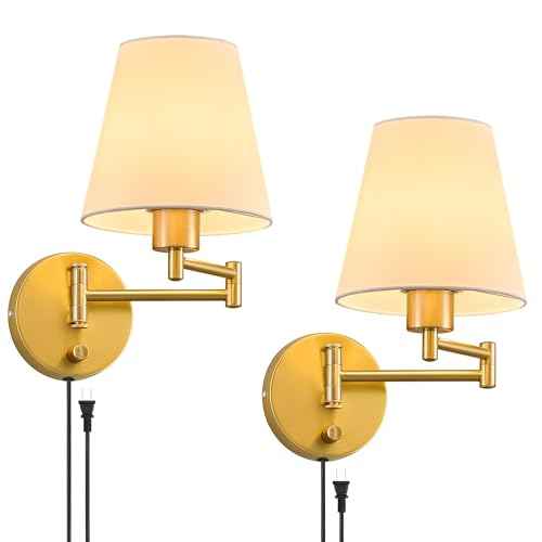 VONLUCE Wall Sconce Set of 2, Plug in & Hardwired Swing Arm Wall Lamps, Adjustable Wall Mounted Lighting Fixtures, Modern Wall Lights with Golden Base White Fabric Shade for Bedside, Hallway, Study
