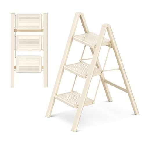 GameGem 3 Step Ladder Folding Step Stool with Wide Anti-Slip Pedal, 330LBS Capacity, Lightweight Portable Stepladder for Home and Kitchen Use, Cream White