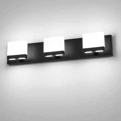 SineRise LED Modern Bathroom Vanity Light Fixtures (3-Light, 24-Inch,6000K), Matte Black Modern Acrylic Bathroom Wall Lighting Fixtures Over Mirror