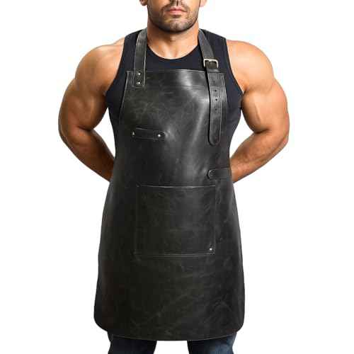 HEAVEN HUSH Genuine Leather Apron for Men, Adjustable Straps & Tool Pockets, Premium BBQ, Cooking, Blacksmith, Shop, Welding, Woodworking, Bartender Work Aprons (1 Pocket, Black)