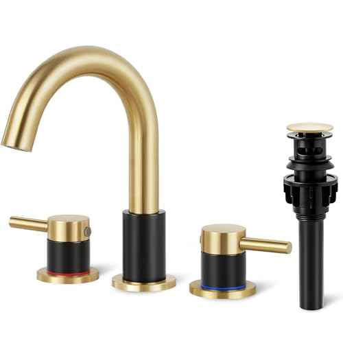Bathroom Faucet 3 Hole, Brushed Gold and Black Bathroom Sink Faucet with Pop Up Drain, 8 inch Widespread Bathroom Faucet with 360¡Æ Swivel Spout, 2 Handle Vanity Faucet with Water Supply Hoses