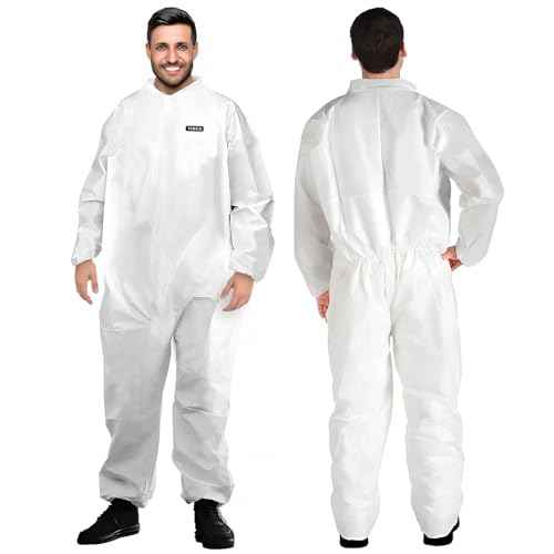 Hazmat Suit Disposable Coverall | Heavy Duty Full Body Painters Suit in 7 Sizes with Multiple Specifications for Men & Women Without Hood - Breathable & Water Resistant - Large, White, 3