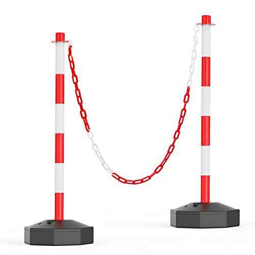 HiGiant 2 Pack Portable Delineator Post Cones with Fillable Base, Expandable Traffic Safety Barriers, 8Ft Chain Stanchion for Parking and Construction [Red/White]
