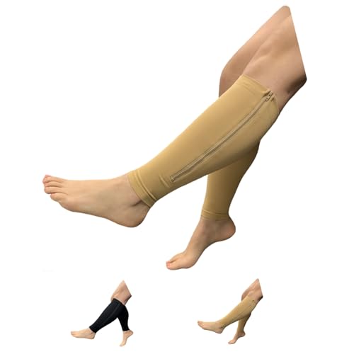 Seniors Care Footless 15-20 mmHg Compression Shin Calf Leg Men Women 1 Pair Zipper Sleeves (Nude, 5X-Large)