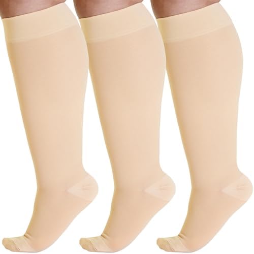 ABSOLUTE SUPPORT (3 Pairs) Plus Size Compression Socks for Women and Men Circulation 20-30mmHg - Graduated Support Knee High for Swelling, Achilles Tendon, Thrombosis - Beige, 7X-Large - A501BE10-3